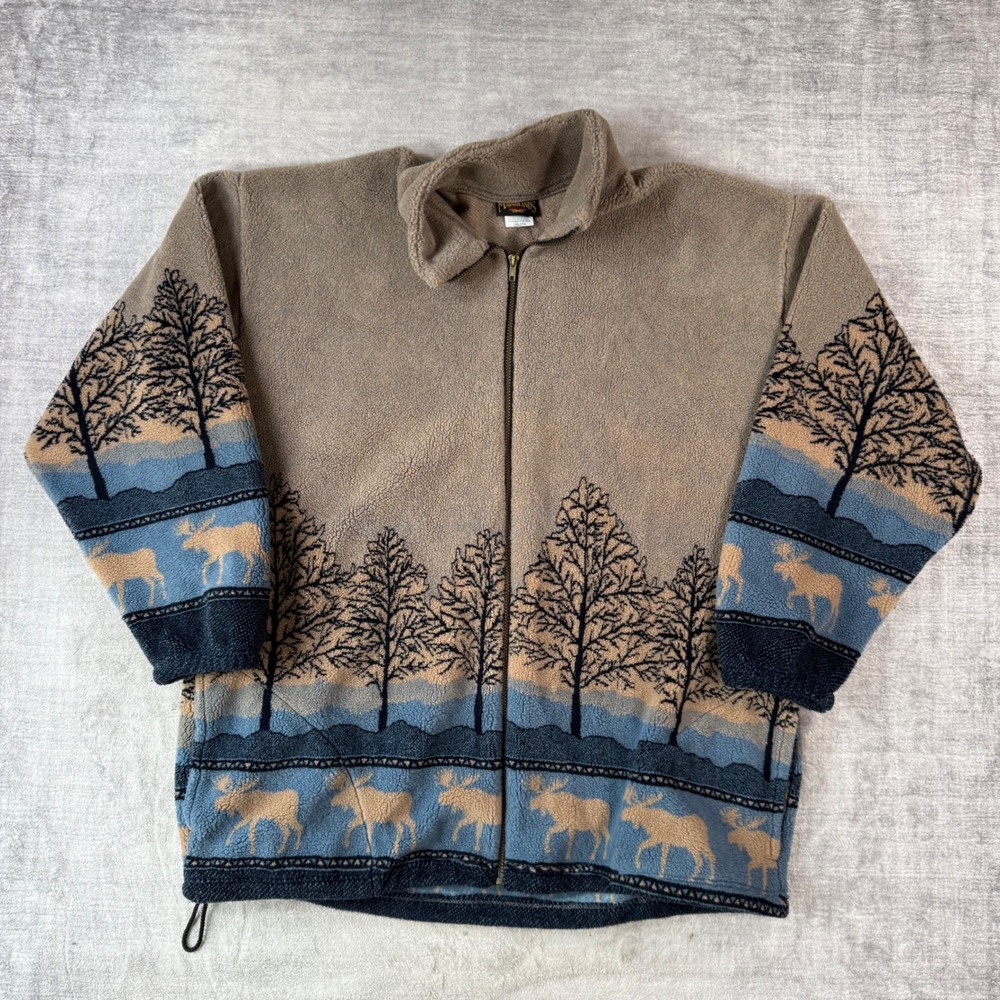 Marshlands Canada Jacket Mens 2XL Tan Fleece Vintage Moose Nature Scene Full Zip